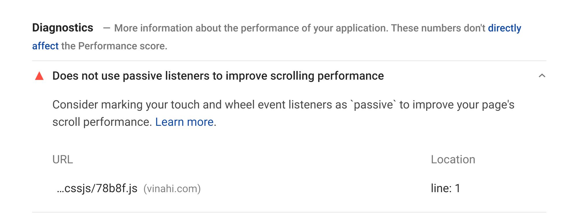 "Không sử dụng trình nghe bị động để cải thiện hiệu suất cuộn" Tối ưu Wordpress 1