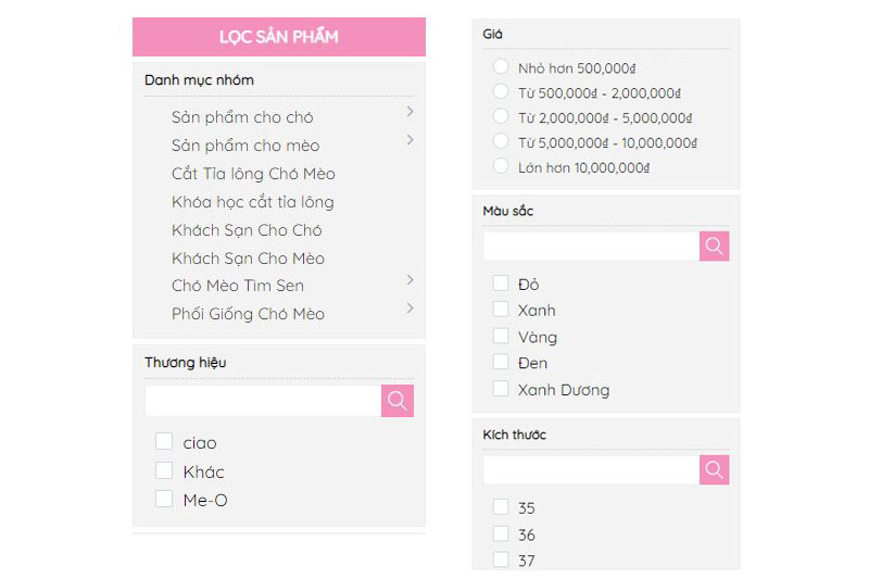 Mẫu website bán hàng sản phẩm thú cưng giống dogparadise bộ lọc